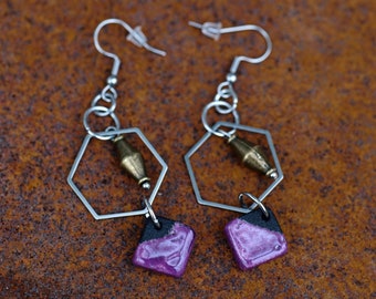 Ceramic Long purple hexagon raku earrings FUYO, jewelry inspired by nature, natural jewelry