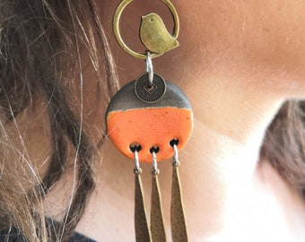 Long orange earrings in KONOSHITA raku, bronze and ceramic bird earrings, jewelry inspired by nature