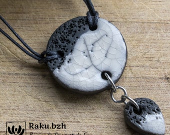 MIKA round ceramic raku necklace, nature-inspired jewelry, natural jewelry, white enamel, dot pattern