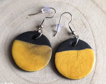 SAKURU GDE round ceramic raku earrings, jewelry inspired by nature, natural jewelry, mustard yellow enamel