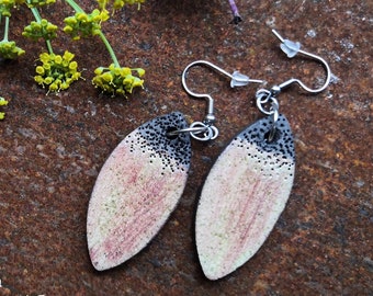 Green and copper raku earrings MASIRO GDE, ceramic leaf buckle, jewelry inspired by nature, natural jewelry