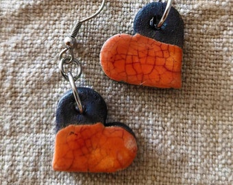 Boucles d'oreille en raku céramique cœur KOKORO, bijoux inspirés par la nature, bijoux naturels, émail orange