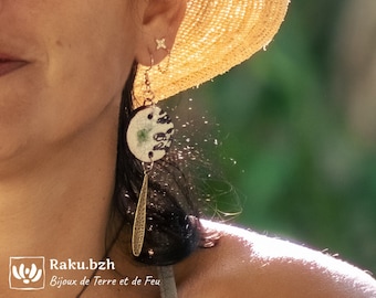 Long white raku DORO earrings, bronze and ceramic bird earrings, nature-inspired jewelry