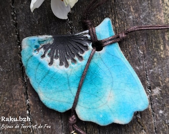 GINKGO ceramic raku necklace, turquoise egret pattern necklace, nature-inspired jewelry, natural jewelry