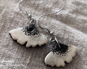 GINKGO ceramic raku earrings, nature-inspired jewelry, gingko leaf, natural jewelry, white, dot pattern
