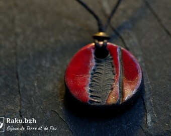 Necklace in raku ceramic red orange pattern fern round SOKOSHI, several colors and patterns available, natural jewelry