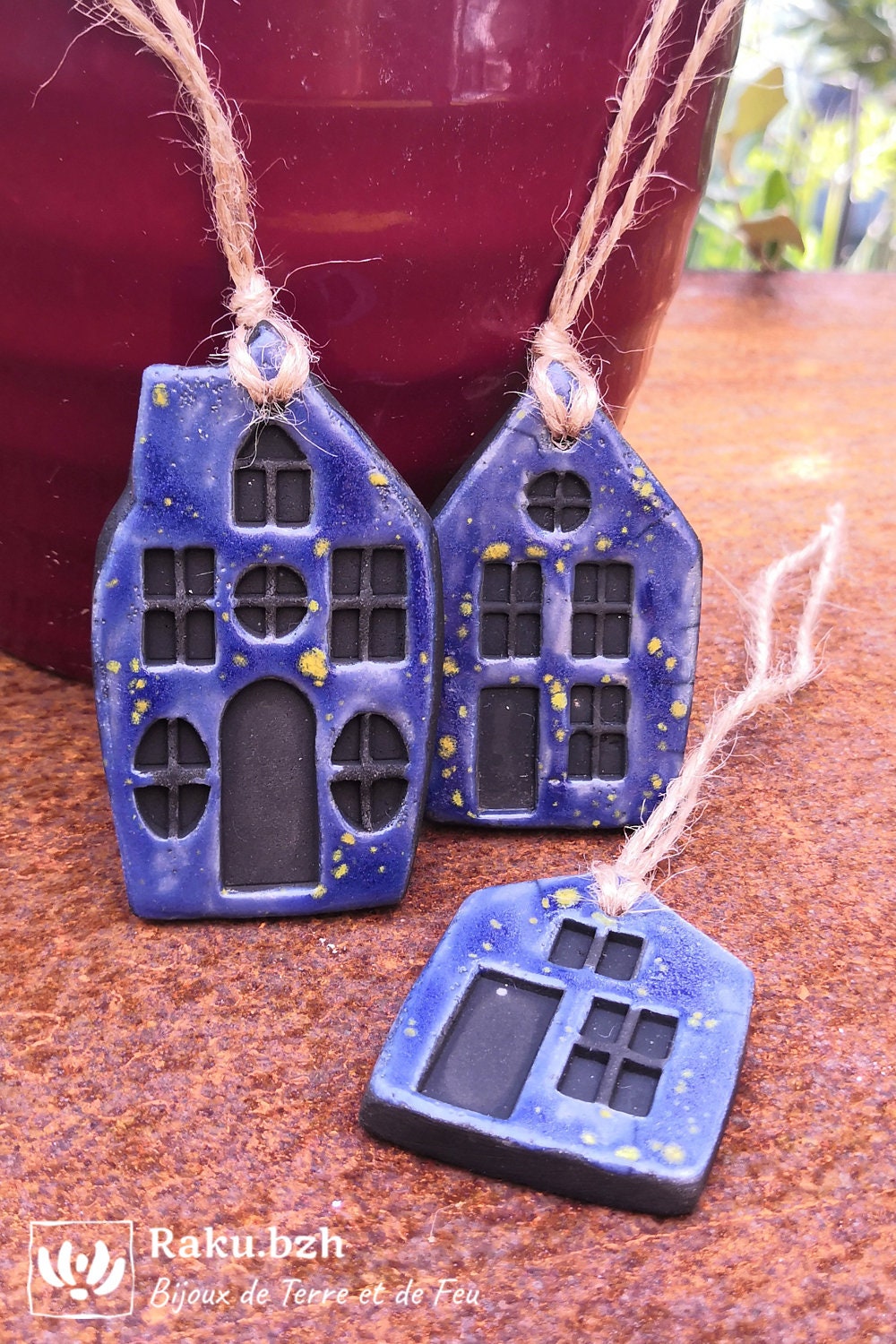 Lot de 3 Pampilles Maisons Faites-Main en Raku, Décoration Noël, Céramique Pour Sapin Ornement Noël