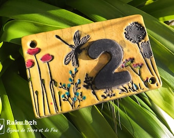 House number plate, 8X12cm, 1 or 2 raku digits, plate with personalized inscription, number to order and to measure
