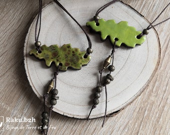 SHITAKUSA ceramic oak leaf raku necklace, nature-inspired jewelry, natural jewelry, red variant, chartreuse green, khaki