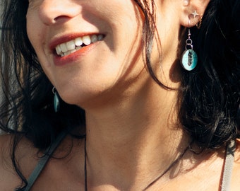 Sakuru Petites round blue turquoise blue ceramic raku earrings, nature-inspired jewelry, natural jewelry, ethnic motif