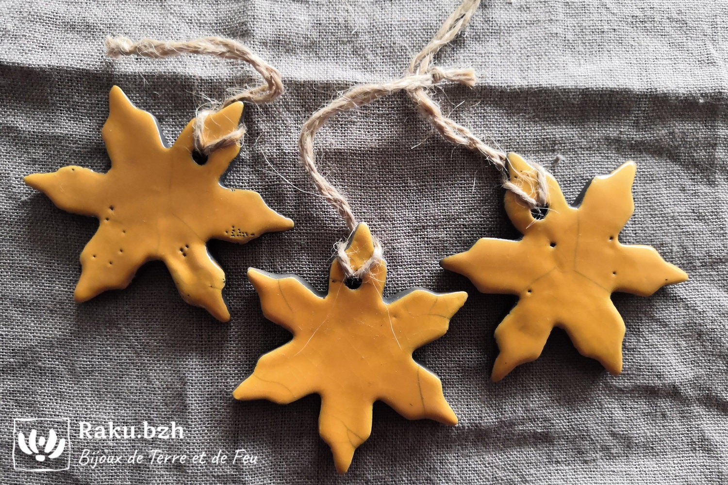 Lot de 3 Étoiles Noël Fait-Main en Raku, Décoration Noël, Céramique Pour Sapin Ornement d'arbre Noël
