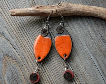 Boucles d'oreille orange en raku Masiro C, boucles feuille céramique, bijoux inspirés par la nature, bijoux naturels