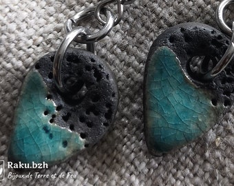 Boucles d'oreille en raku céramique gouttes YOSHIBA, bijoux inspirés par la nature, bijoux naturels, émail turquoise, motif points