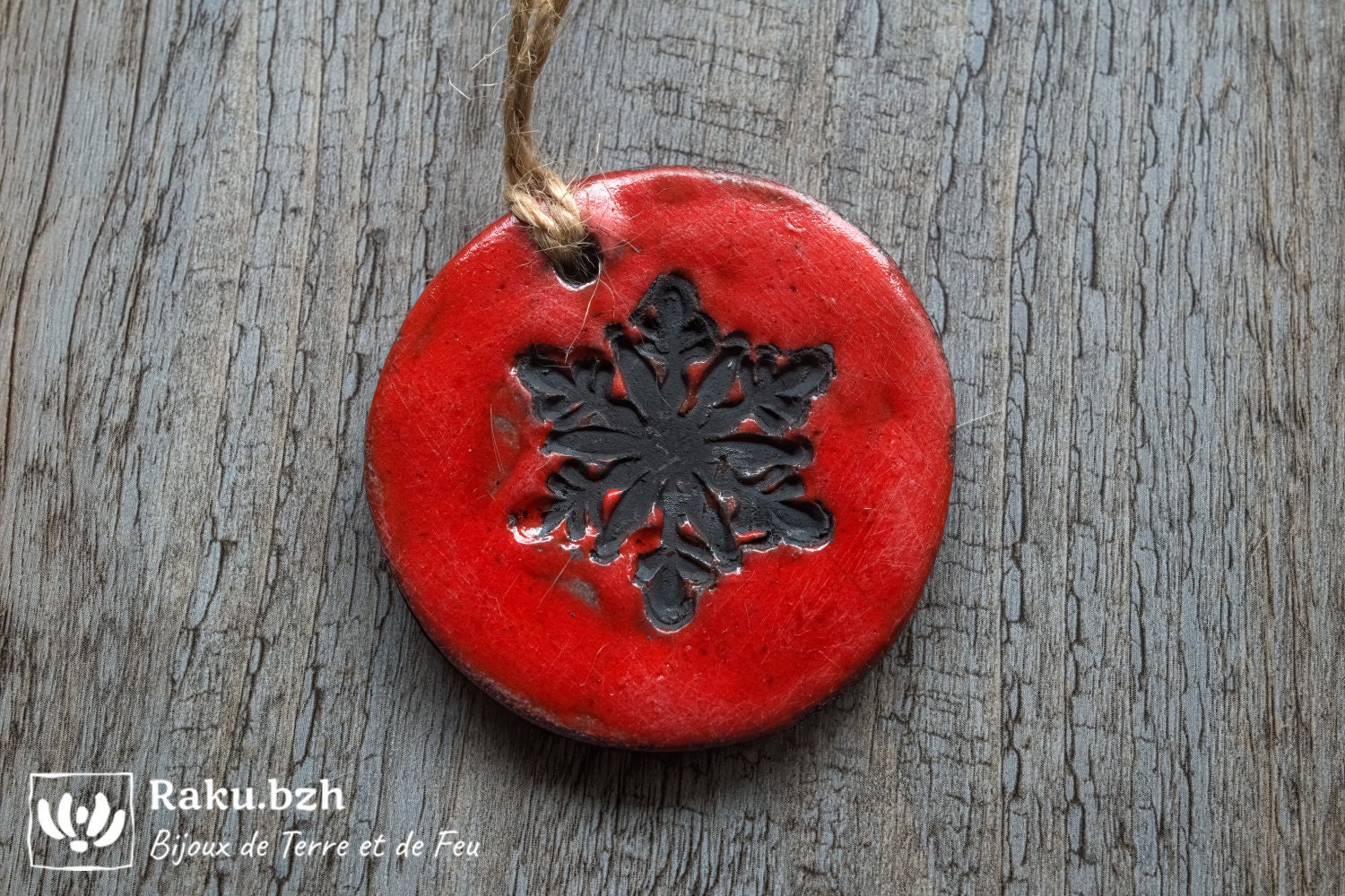 Lot de 3 Boules Rouges Motif Flocon Fait-Main en Raku, Décoration Noël, Céramique Pour Sapin Ornemen