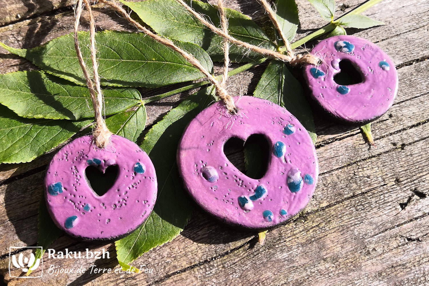 Lot de 3 Boules Percées Coeur Fait-Main en Raku, Décoration Noël, Céramique Pour Sapin Ornement Noël