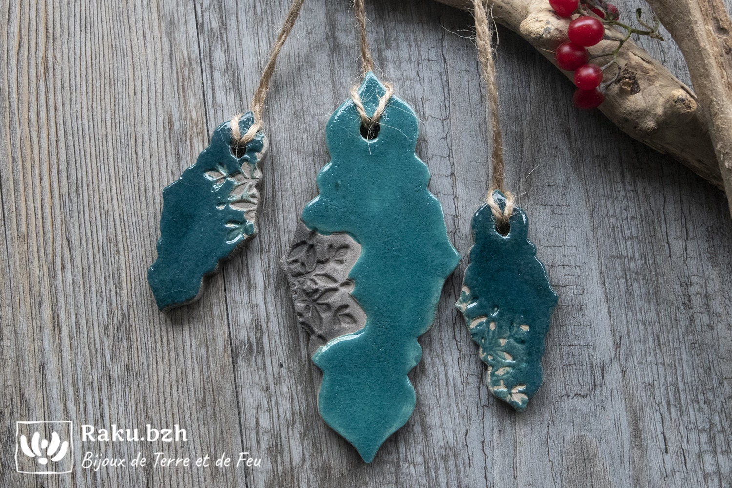 Lot de 3 Pampilles en Raku, 1 Grande, 2 Petites, Décoration Noël, Décorations Céramique Pour Sapin O