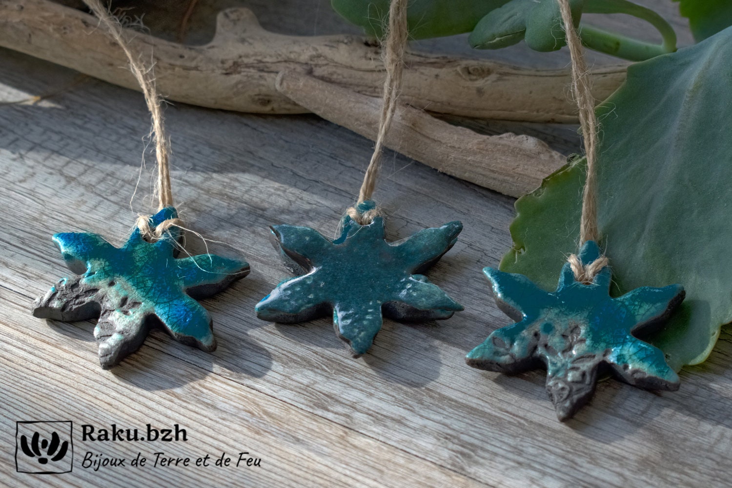 Lot de 3 Petites Étoiles Canard Noël Fait-Main en Raku, Décoration Céramique Pour Sapin Ornement Noë