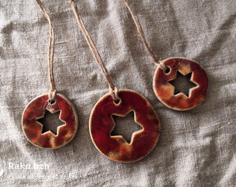Set of 3 handmade star pierced balls in raku, Christmas decoration, ceramic decoration for Christmas tree, Christmas ornament