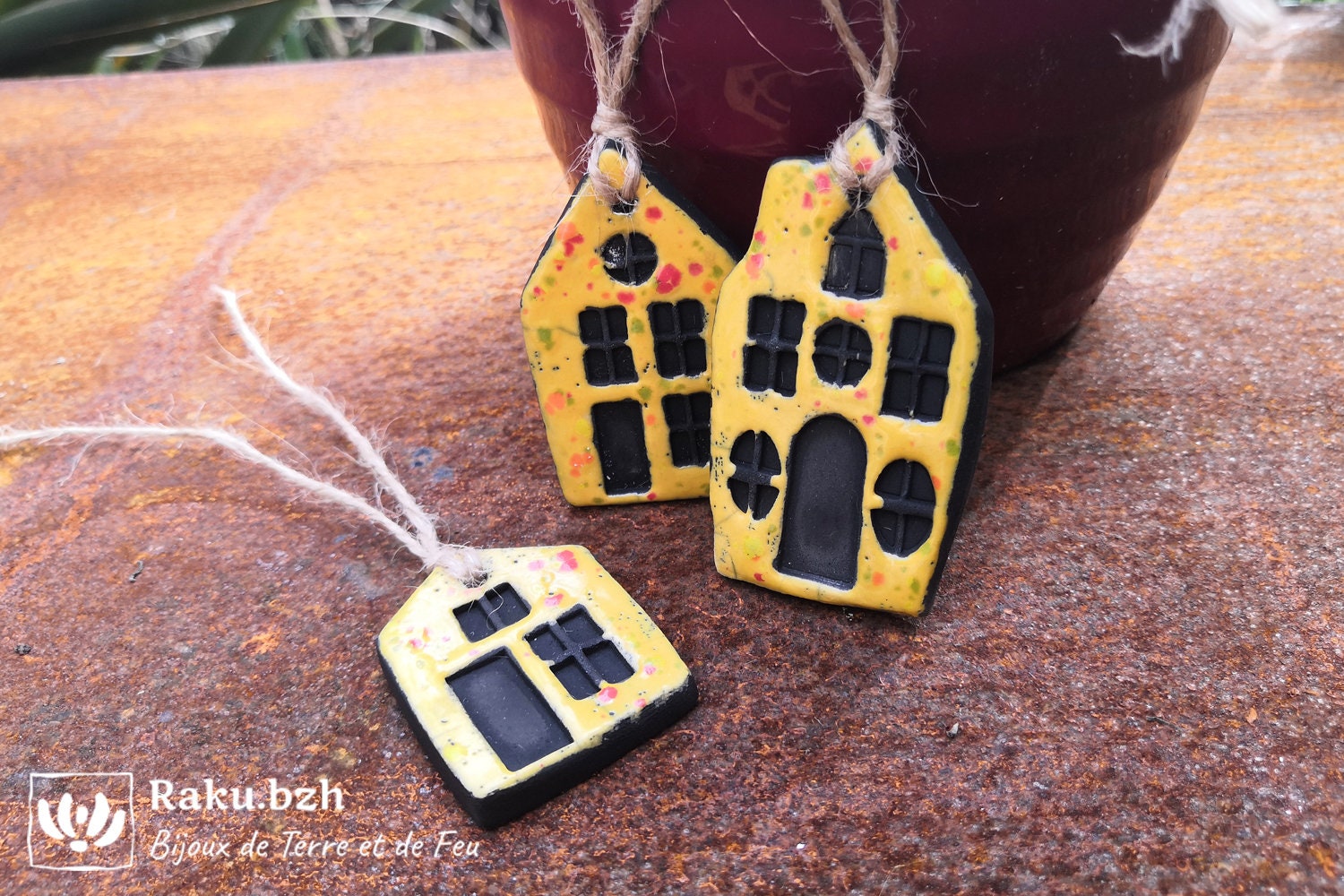 Décoration de Noël en Céramique Pour Sapin, Lot 3 Pampilles Maisons Faites-Main Raku, Décoration Noë