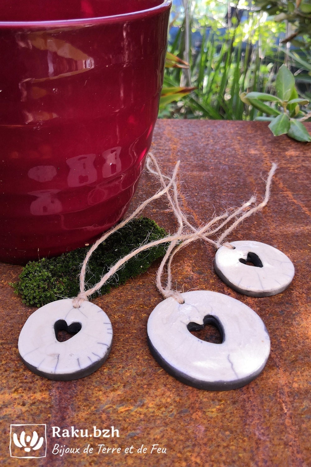 Lot de 3 Boules Percées Coeur Fait-Main en Raku, Décoration Noël, Céramique Pour Sapin Ornement Noël