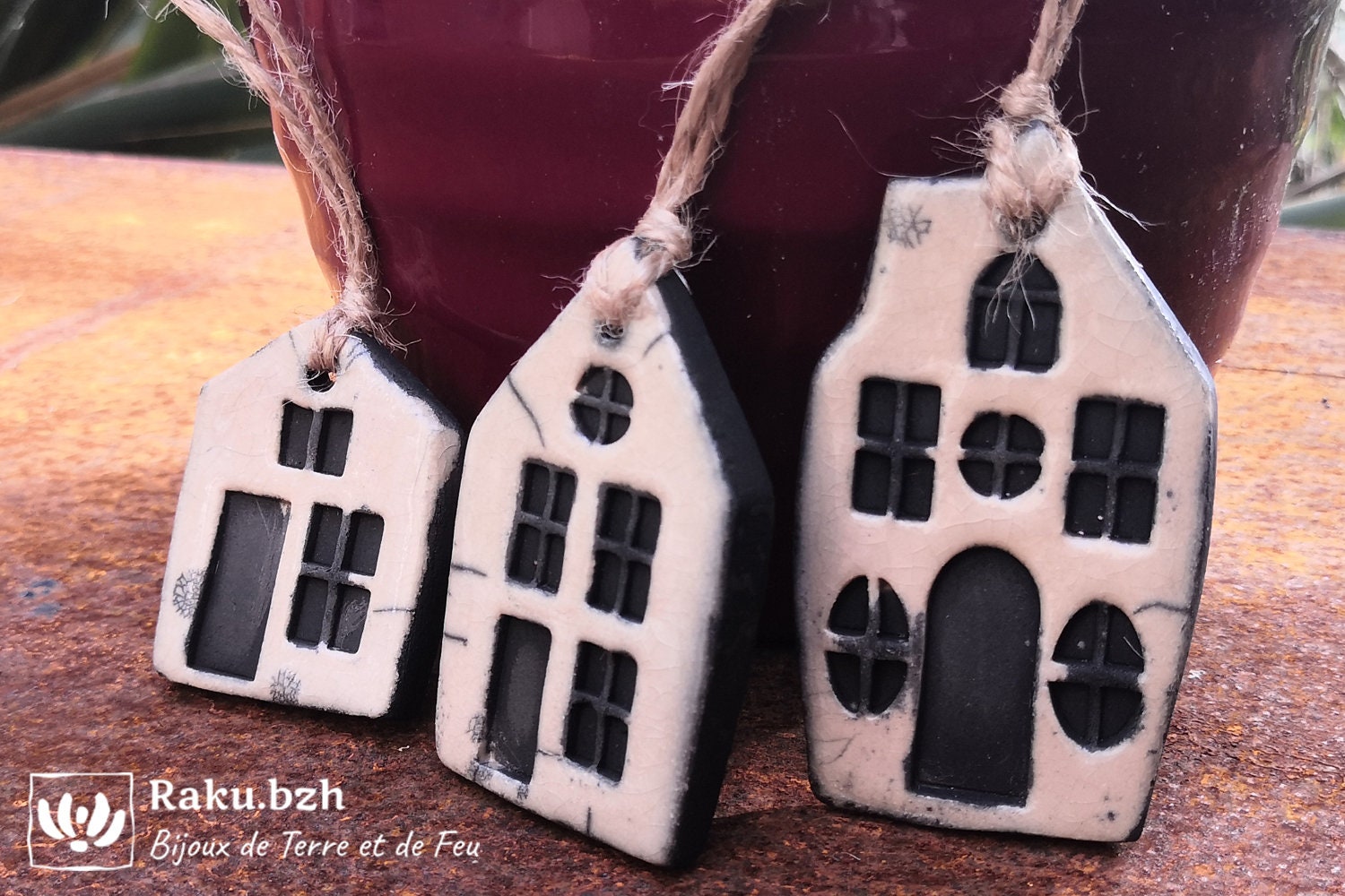 Lot de 3 Pampilles Maisons Faites-Main en Raku, Décoration Noël, Céramique Pour Sapin Ornement Noël