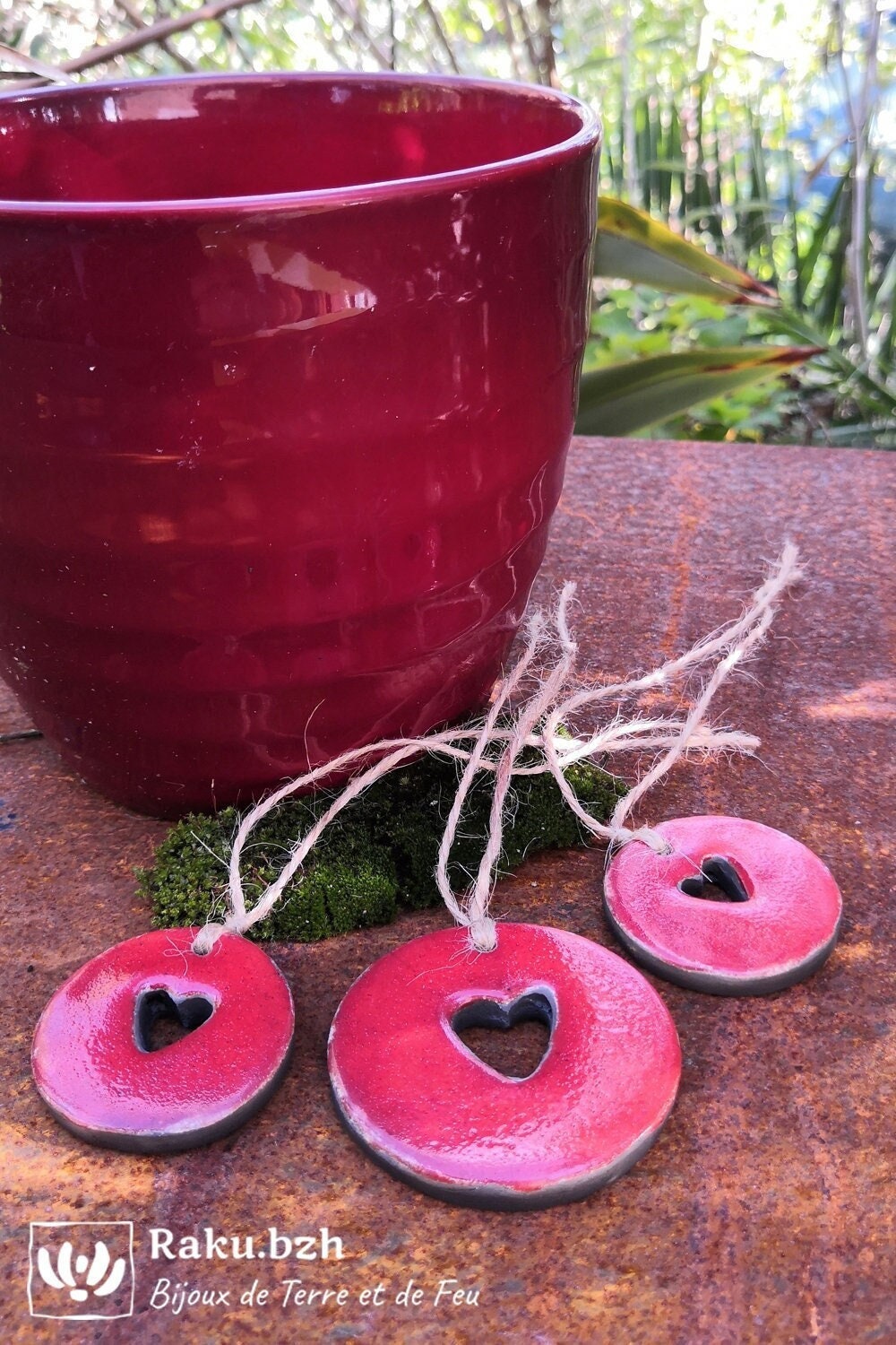 Décoration de Noël, Lot 3 Boules Percées Coeur Fait-Main en Raku, Décoration Céramique Pour Sapin Or