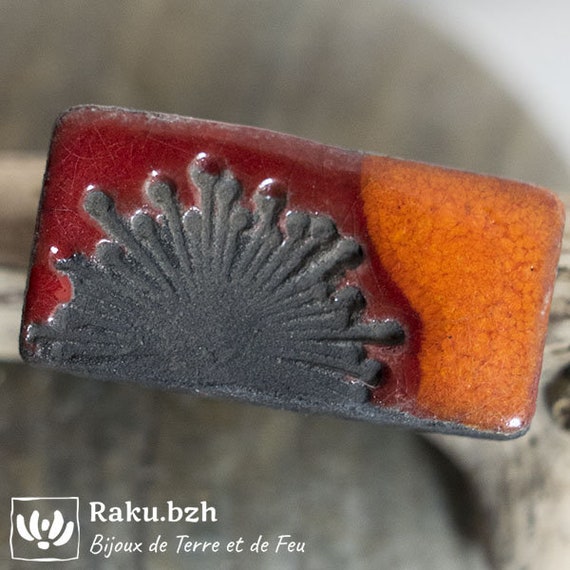 red enamel LUBIA rectangular ceramic raku ring nature-inspired jewelry verbena pattern natural jewelry