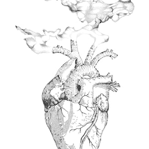 以下が含まれることがあります： 煙が上部に立ち上る人間の心臓の白黒のイラスト。心臓は点描で描かれており、小さな点が画像を形成しています。