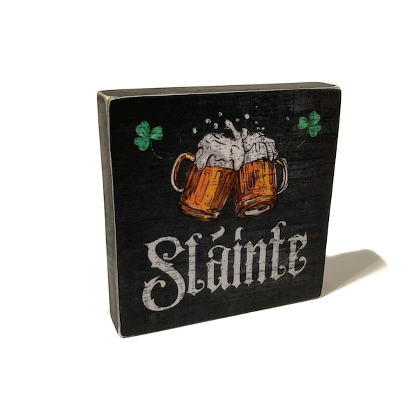 Mini St. Patrick's Day Decor Slainte Small Wood Sign With Shamrock Tiny Cheers Sign For Tiered Trays Irish Wooden Shelf Sitter Decor