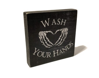 Wash Your Hands Sign Goth Skeleton Small Bathroom Decor For Halloween Mini Wood Signs For Bathroom Or Restroom Home Or Office Toilet Tank