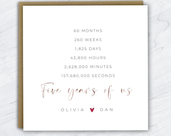 Five Year Anniversary Card, Five Years Of Us Card, Personalised 5 Year Anniversary Card, Card for Boyfriend, Card for Girlfriend