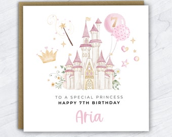 Personalised Princess Castle 7th Birthday Card, Princess Birthday Card, 7th Birthday for Girls, Fairytale, Princess, Little Girl Birthday