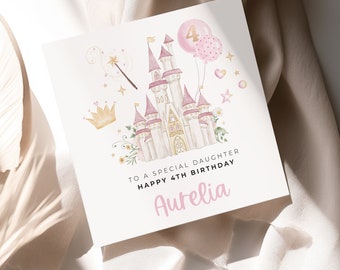 May include: A pink and white castle with gold accents and a pink balloon with the number 4 on it. The text reads "To a special daughter Happy 4th Birthday Aurelia".