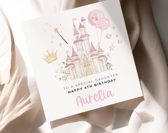 Personalised Princess Castle 4th Birthday Card, Princess Birthday Card, 4th Birthday for Girls, Fairytale, Princess, Little Girl Birthday