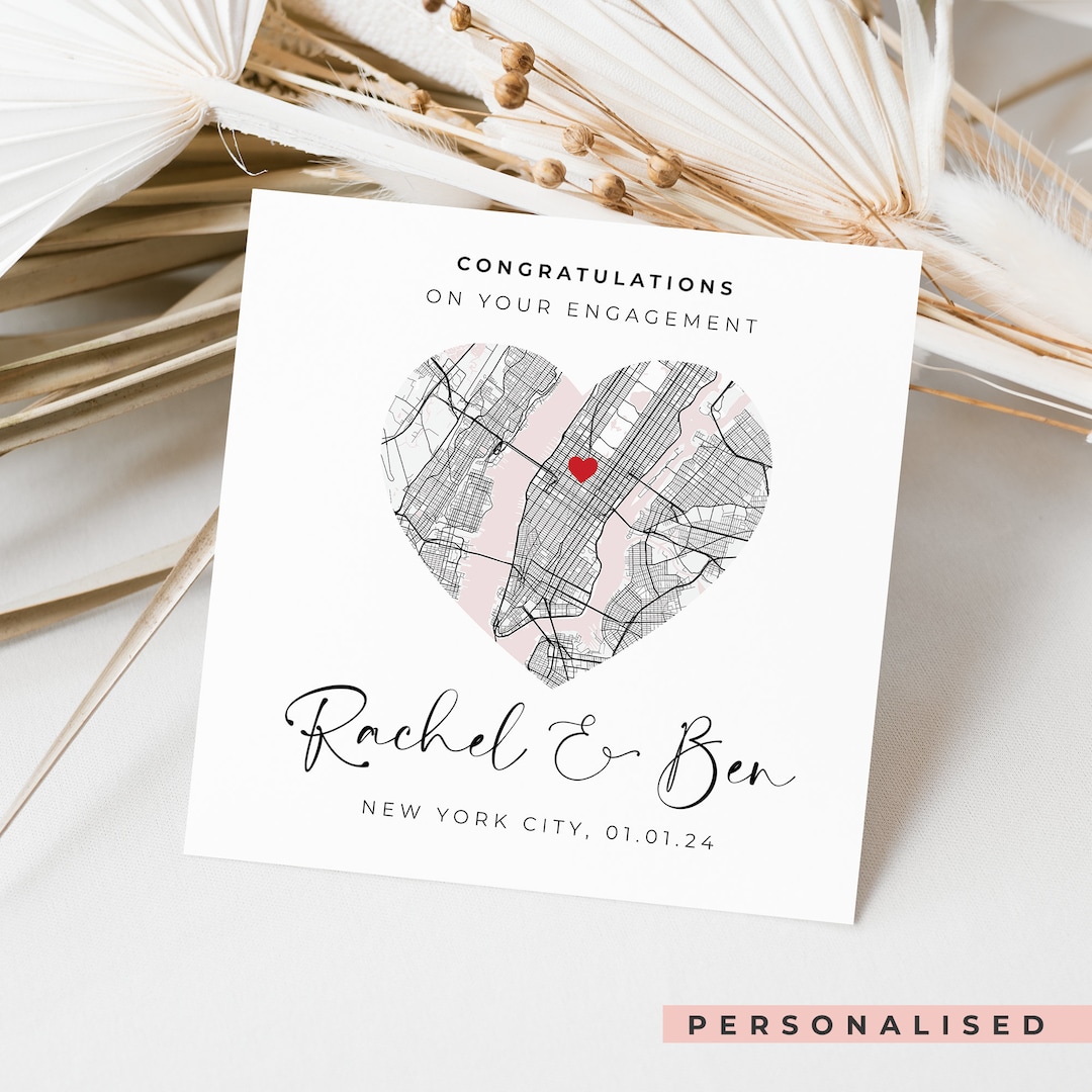 Personalised Engagement Map Card, Engagement Location Map Card, Engaged