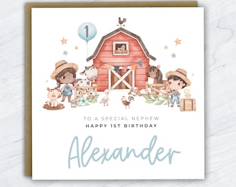 Personalised Farm Animals 1st Birthday Card, First Birthday, Card for Boy, Farmyard, Animals, 2nd Birthday, 3rd Birthday, Nephew, Grandson