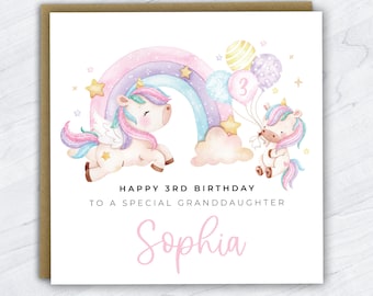 May include: A personalised birthday card featuring two unicorns, a rainbow, and stars. The card says "Happy 3rd Birthday to a special granddaughter Sophia".
