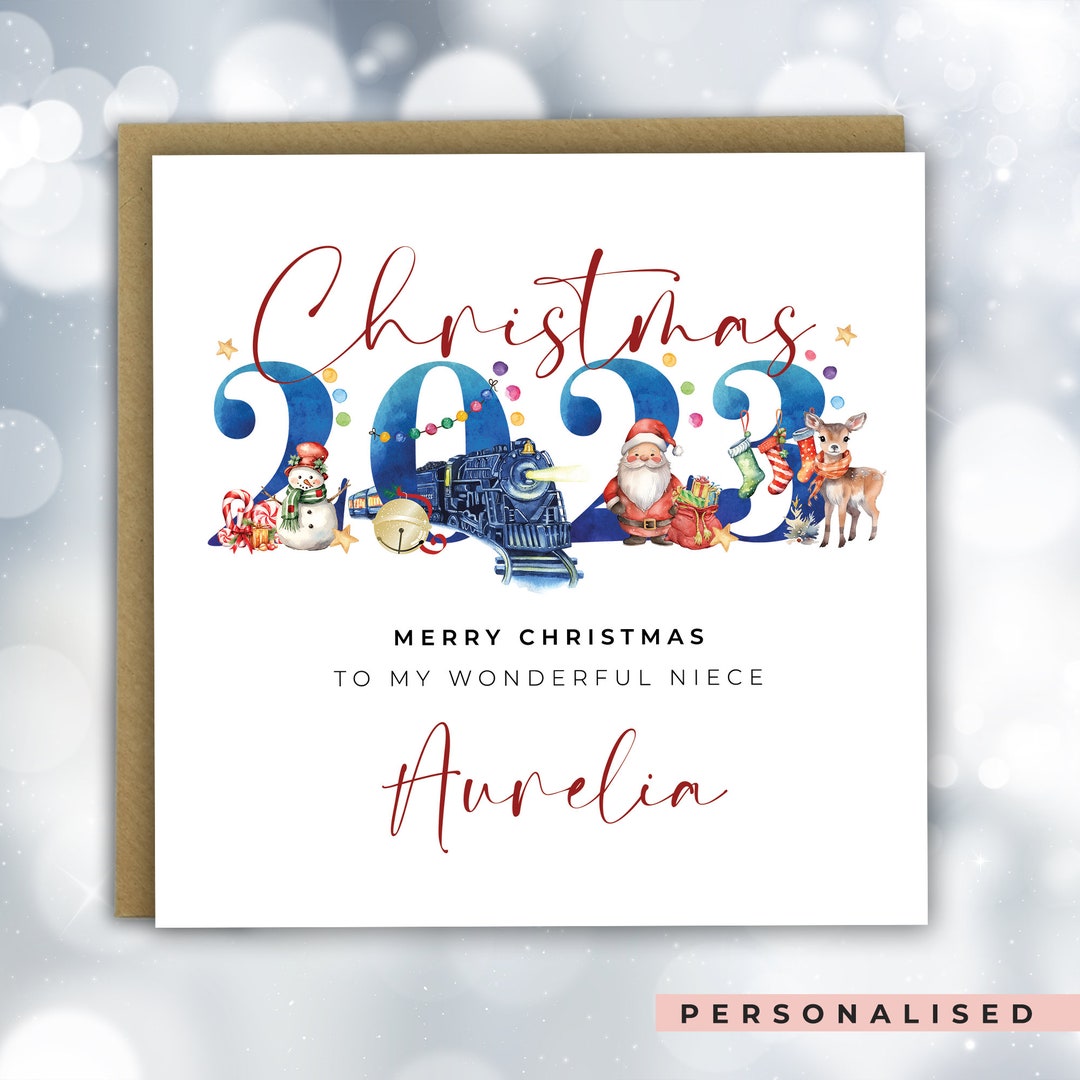 Granddaughter Santa Scene Custom Greeting Personalized Christmas Card - Red Heart Print