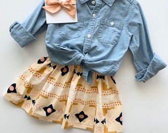 READY TO SHIP!  Girl's Aztec Print Skirt, Southwest Style, Peach, Navy, Sienna, Toddler High Waist Skirt, Simple style,