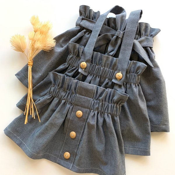 Girl's Denim Skirt, 4 Style Options, Buttons in a Row, Suspender, Plain or Belted Skirt, High Waisted, Vintage Style Summer Skirt, Chambray