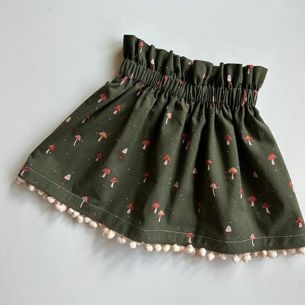 Ready to Ship!  Olive Green Skirt, Skirt with Pompoms, Birthday Party, Fairy Tale, Nature, Forrest, Woods, pink, High Waisted Skirt