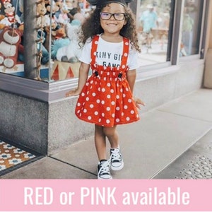Red or Pink Polka Dot Suspender Skirt, high waist, vintage style jumper, minnie, themed birthday party, toddler, disney trip, mouse inspired