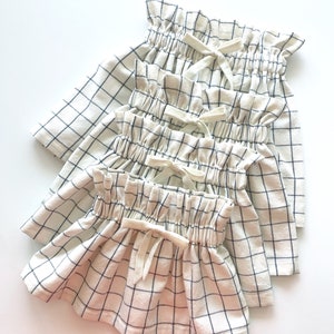 Ready to Ship, Girl's Cream and Navy Plaid Cotton Skirt, Faux Drawstring, Toddler, Fall, Blue, Cream, High Waist, Vintage Style, Linen Look, image 2