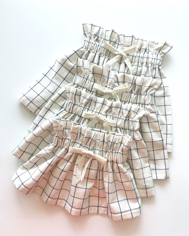 Ready to Ship, Girl's Cream and Navy Plaid Cotton Skirt, Faux Drawstring, Toddler, Fall, Blue, Cream, High Waist, Vintage Style, Linen Look, image 2
