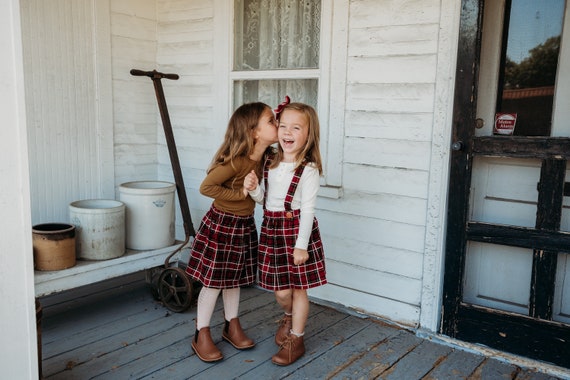 Girl's Burgundy Flannel Plaid Skirt, Toddler Fall Suspender Skirt, High Waist Christmas Skirt, Vintage Style Jumper, Holiday, Christmas