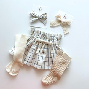 Ready to Ship, Girl's Cream and Navy Plaid Cotton Skirt, Faux Drawstring, Toddler, Fall, Blue, Cream, High Waist, Vintage Style, Linen Look, image 3