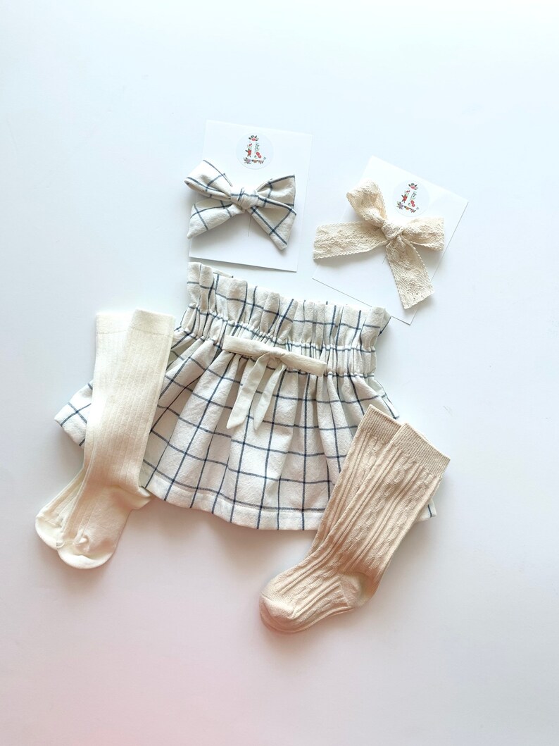 Ready to Ship, Girl's Cream and Navy Plaid Cotton Skirt, Faux Drawstring, Toddler, Fall, Blue, Cream, High Waist, Vintage Style, Linen Look, image 3