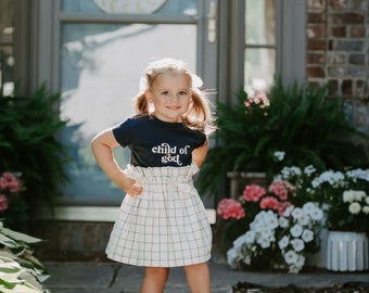 Ready to Ship, Girl's Cream and Navy Plaid Cotton Skirt, Faux Drawstring, Toddler, Fall, Blue, Cream, High Waist, Vintage Style, Linen Look,