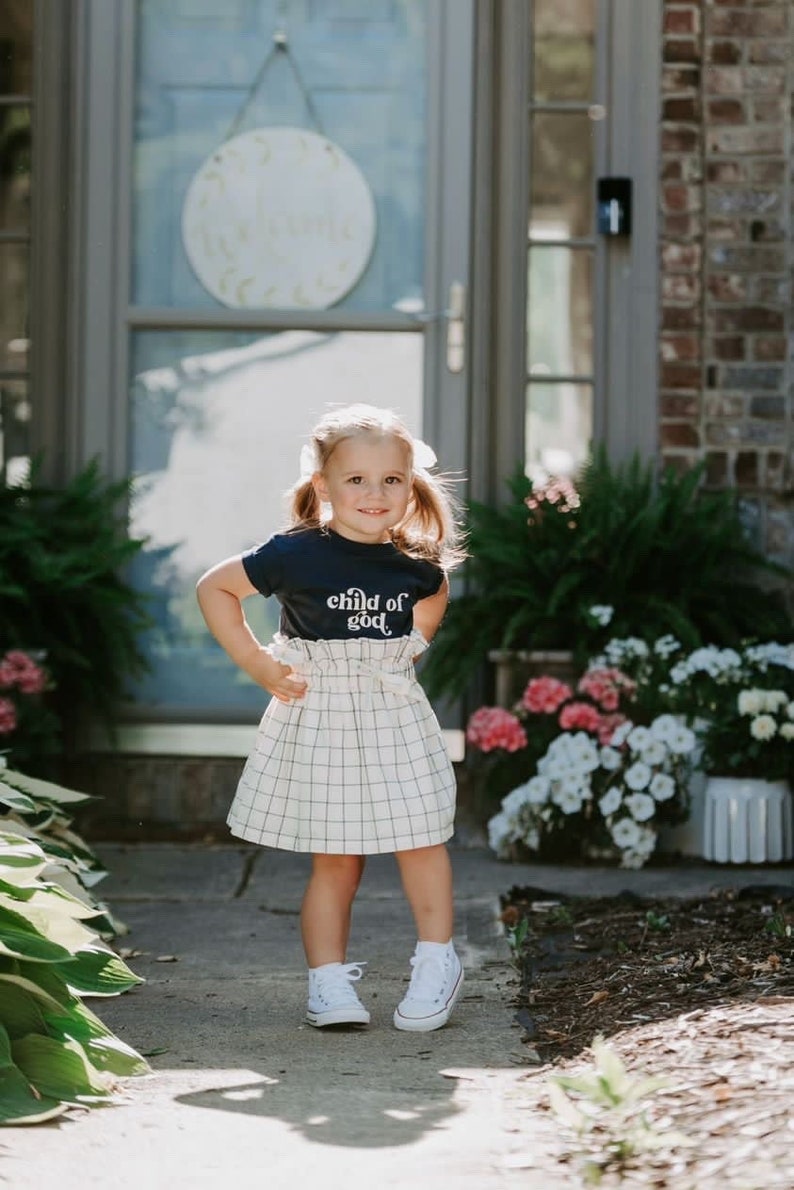 Ready to Ship, Girl's Cream and Navy Plaid Cotton Skirt, Faux Drawstring, Toddler, Fall, Blue, Cream, High Waist, Vintage Style, Linen Look, image 1