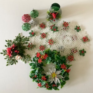 Vintage Bundle -  Plastic Christmas Doilies, Holiday Wreath, Ornaments - Christmas Decorations